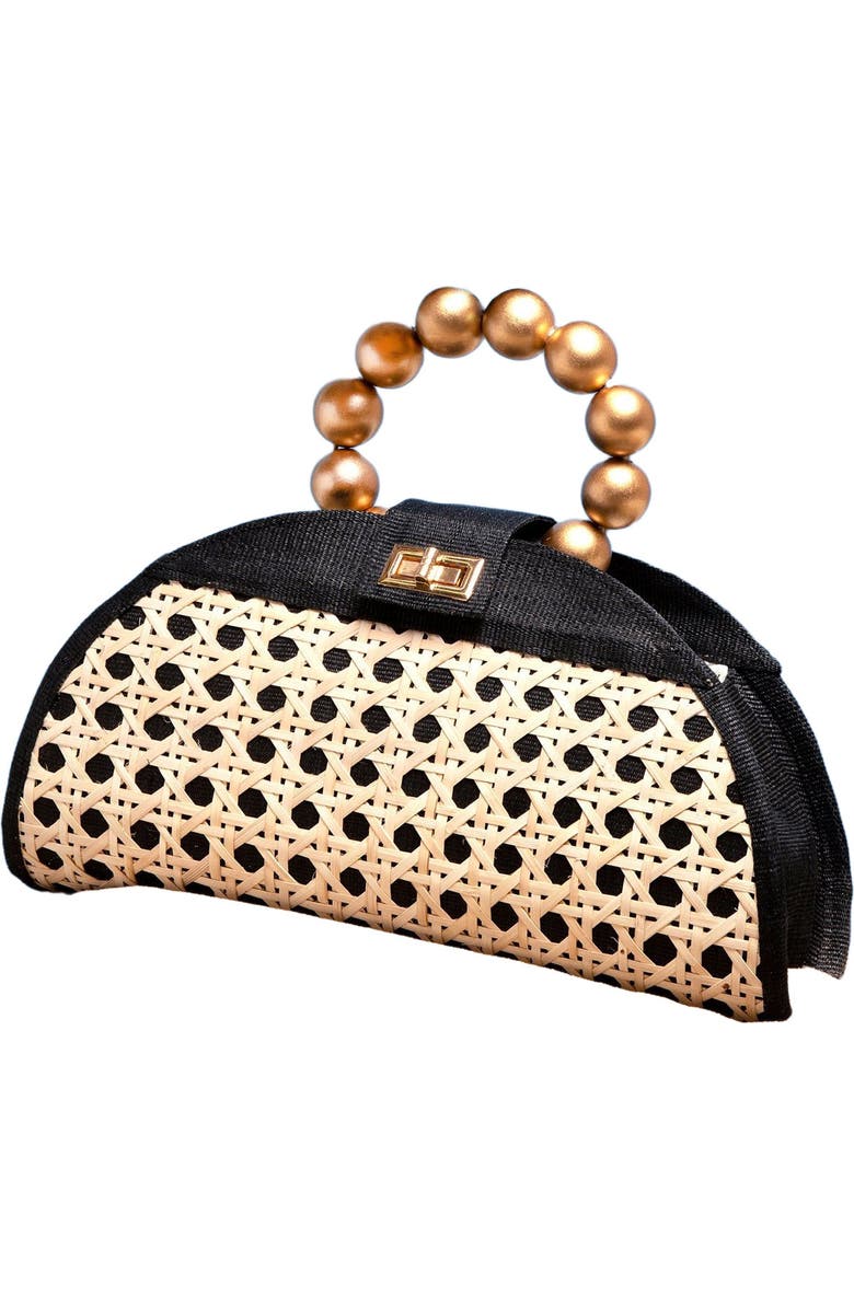 Soli & Sun THE ISABELLA Tan Rattan Solihiya Weave and Gold Bead Top Handle Statement Bag, Alternate, color,