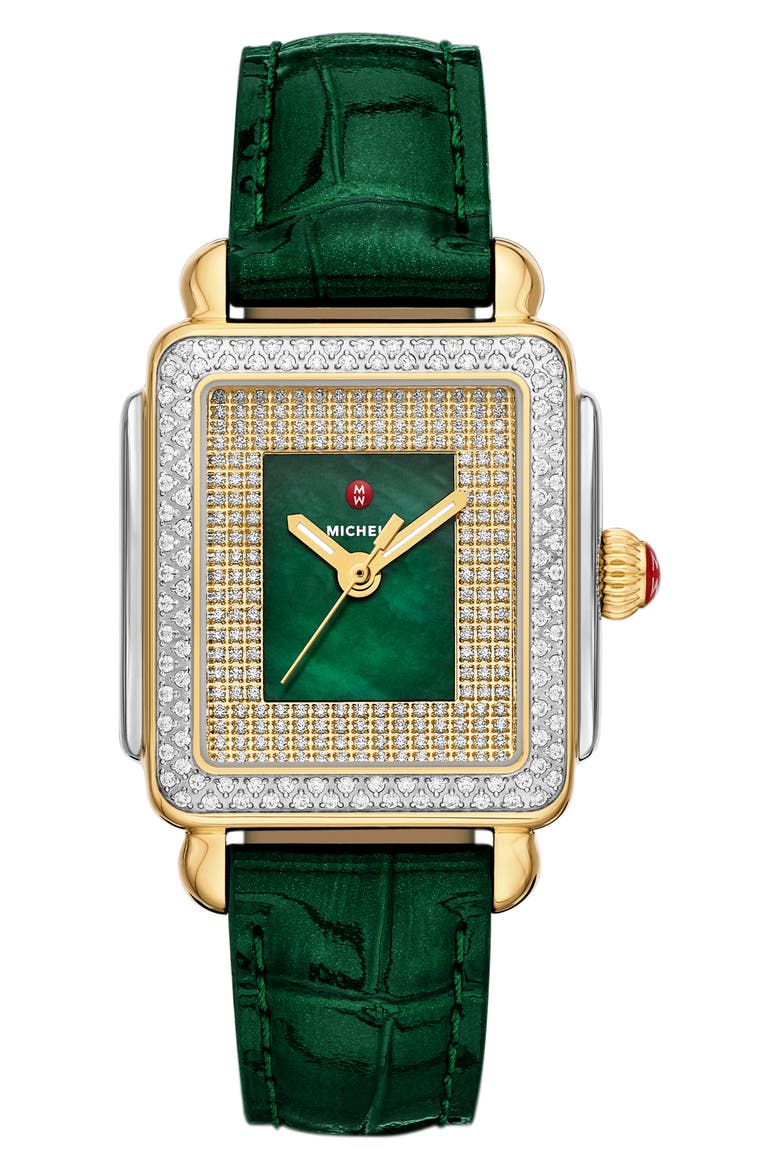 Mid Deco Madison Special Edition Two-Tone 18K Gold Plate Diamond Leather Strap Watch, 29mm x 31mm, Main, color, TWO-TONE / GREEN