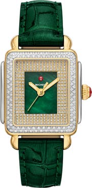 MICHELE Mid Deco Madison Special Edition Two-Tone 18K Gold Plate Diamond Leather Strap Watch, 29mm x 31mm