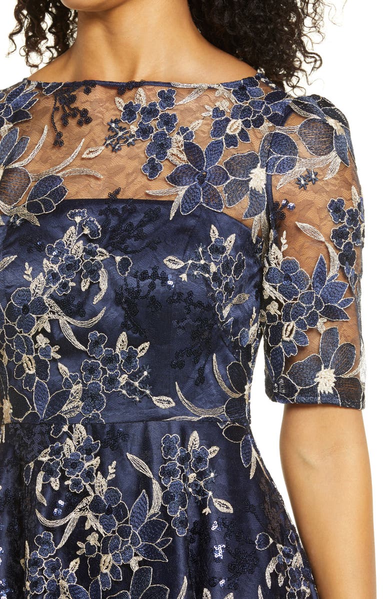 Eliza J Sequin Floral Embroidery Fit & Flare Cocktail Midi Dress, Alternate, color, Navy
