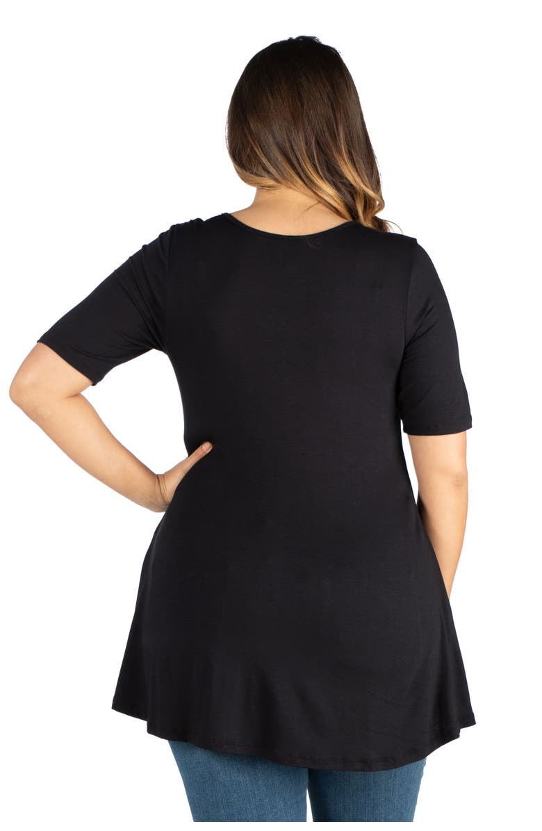 24seven Comfort Apparel Plus Size Elbow Sleeve Henley Tunic Top, Alternate, color, Black