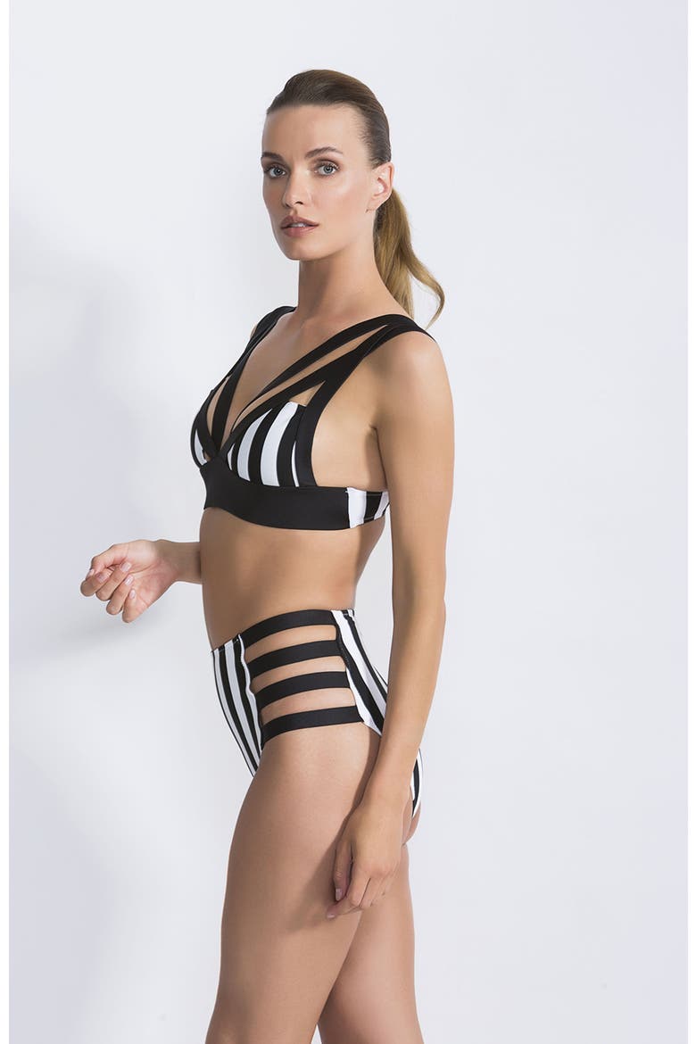 Piano Stripe Multi-Strap High-Waisted with Side Cutouts Bikini Set, Alternate, color, Black-White