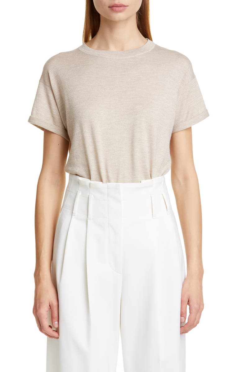 Brunello Cucinelli Metallic Cashmere Blend Tee Sweater, Main, color,