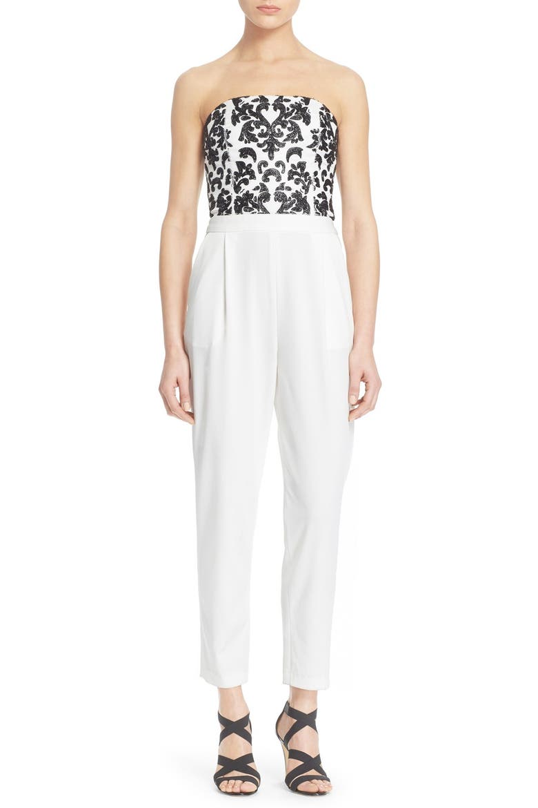 'Jeri' Beaded Jumpsuit, Main, color, OFF WHITE/ BLACK