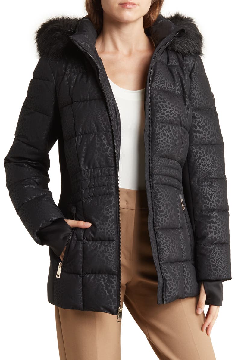 Michael Kors Faux Fur Trimmed Tonal Leopard Print Puffer Jacket, Main, color, 