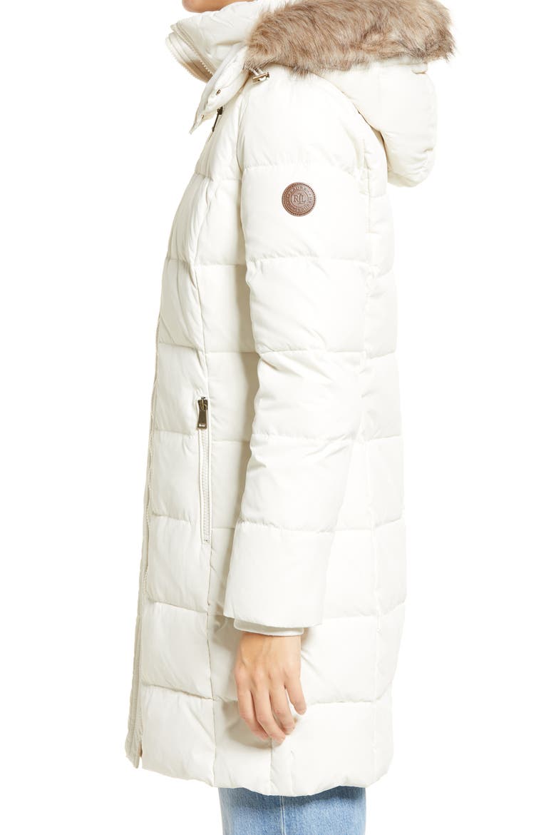 Down Puffer Coat with Removable Faux Fur Trim Hood, Alternate, color, CREAM