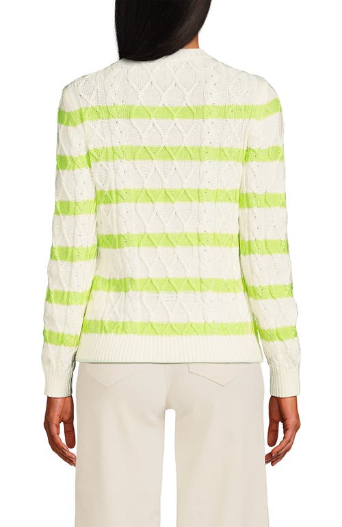 Lands' End Cotton Drifter Crew Cable Pullover Sweater In Ivory/limoncello Gulf Stripe