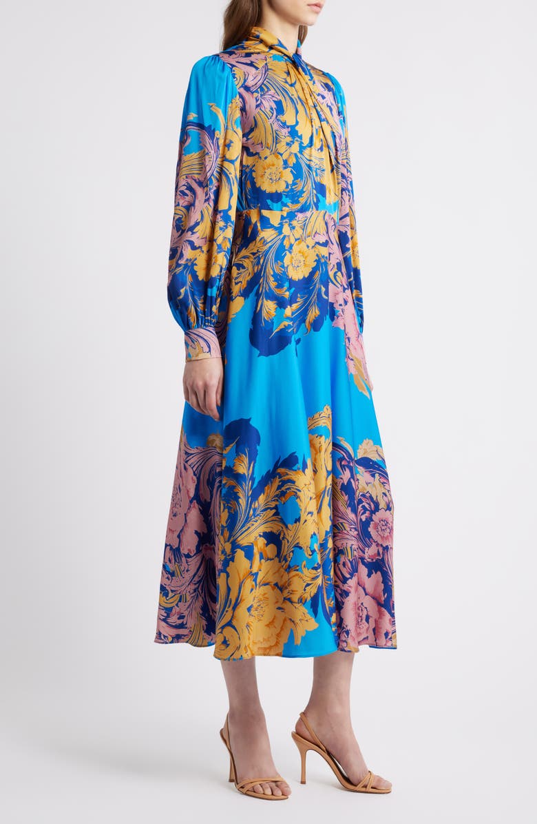 Elie Tahari The Raquel Placed Floral Long Sleeve Silk Blend Dress, Alternate, color, Ribbon Scroll Print