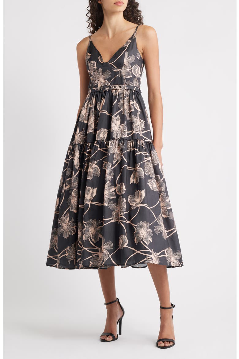 Belted Bustier Tiered Dress, Main, color, BLACK/ APRICOT VINING BUDS