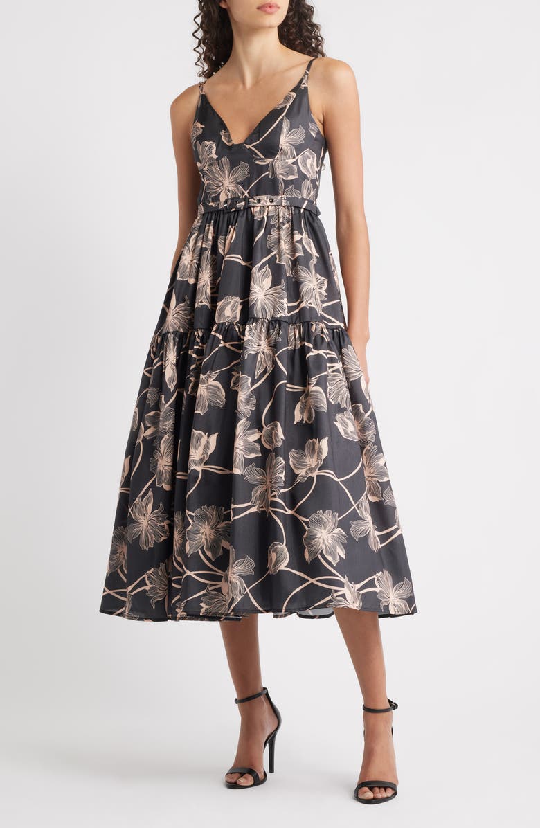 Hutch Belted Bustier Tiered Dress, Main, color, Black/ Apricot Vining Buds