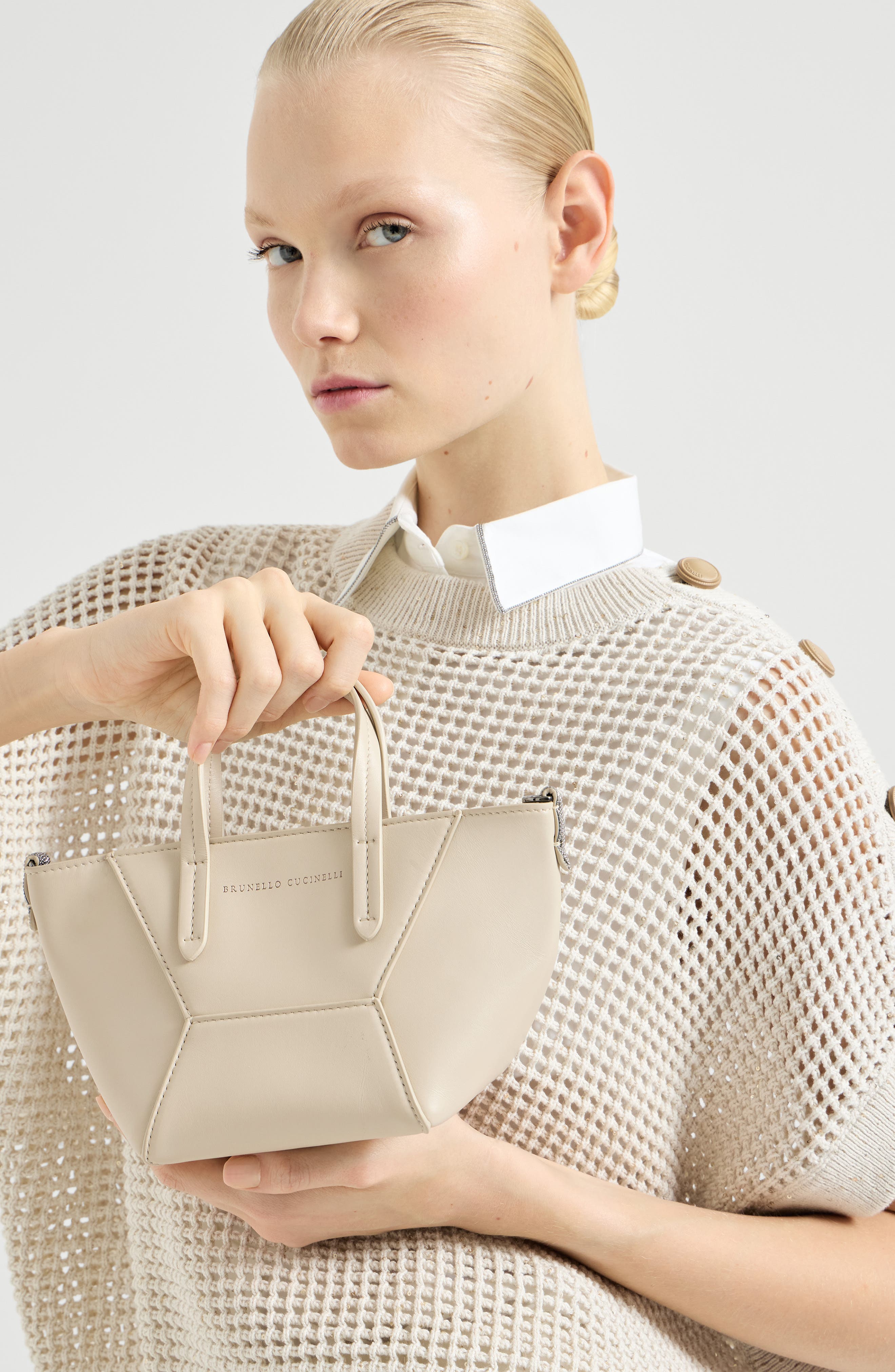 Brunello Cucinelli BC Duo mini bag in calfskin with monili, Alternate, color, Ivory