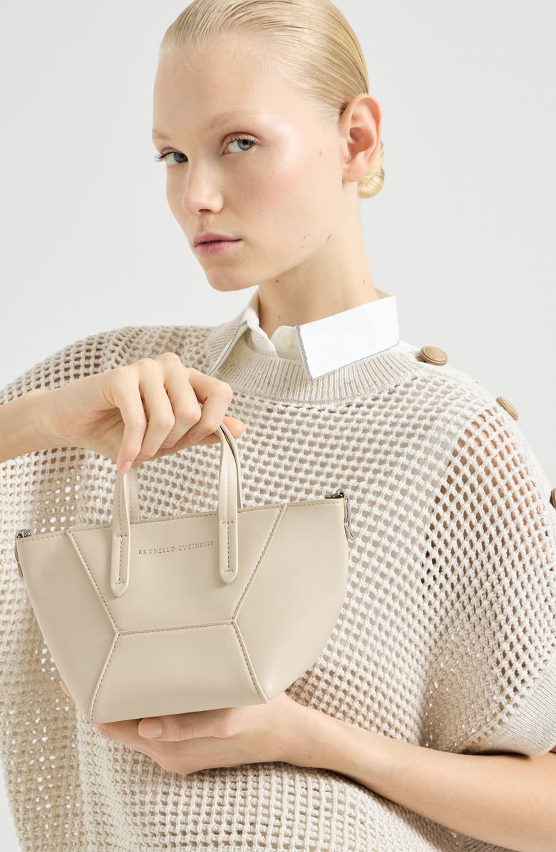 Brunello Cucinelli BC Duo mini bag in calfskin with monili, Alternate, color, Ivory