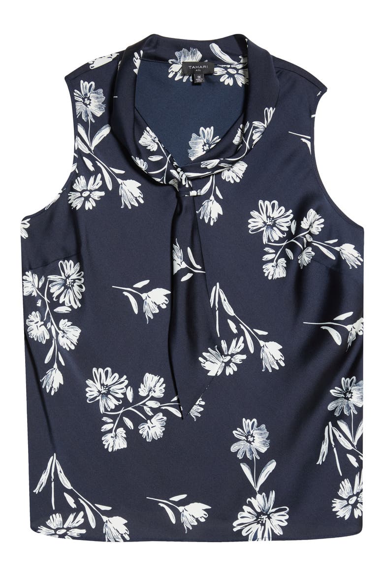 Floral Tie Neck Sleeveless Satin Top, Alternate, color, NAVY IVORY