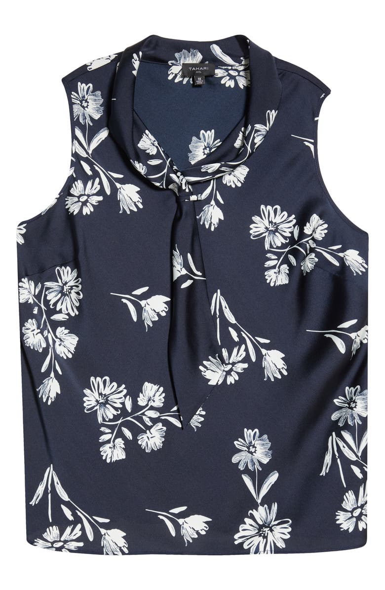 Tahari ASL Floral Tie Neck Sleeveless Satin Top, Main, color, Navy Ivory