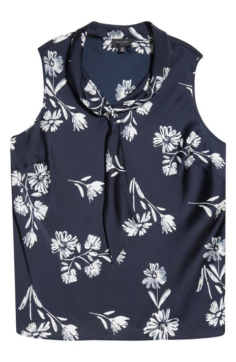 Floral Tie Neck Sleeveless Satin Top (Plus)