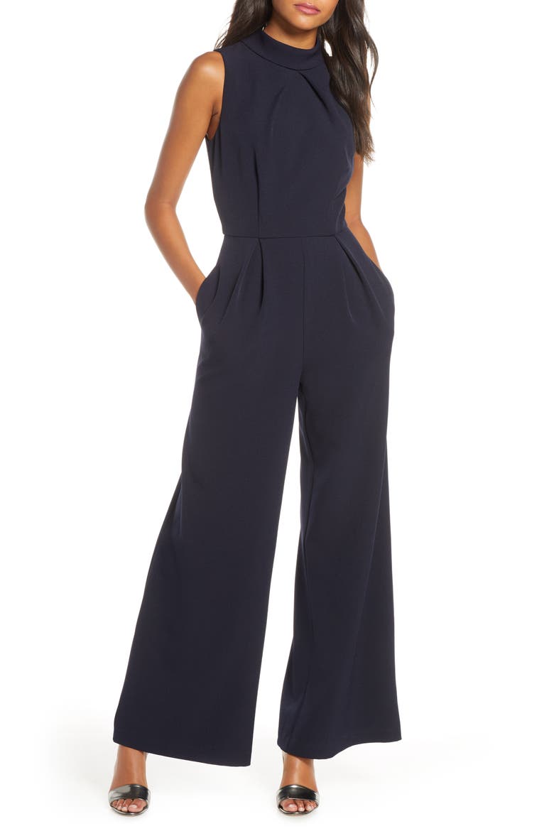 Mock Neck Wide Leg Jumpsuit, Main, color, NAVY