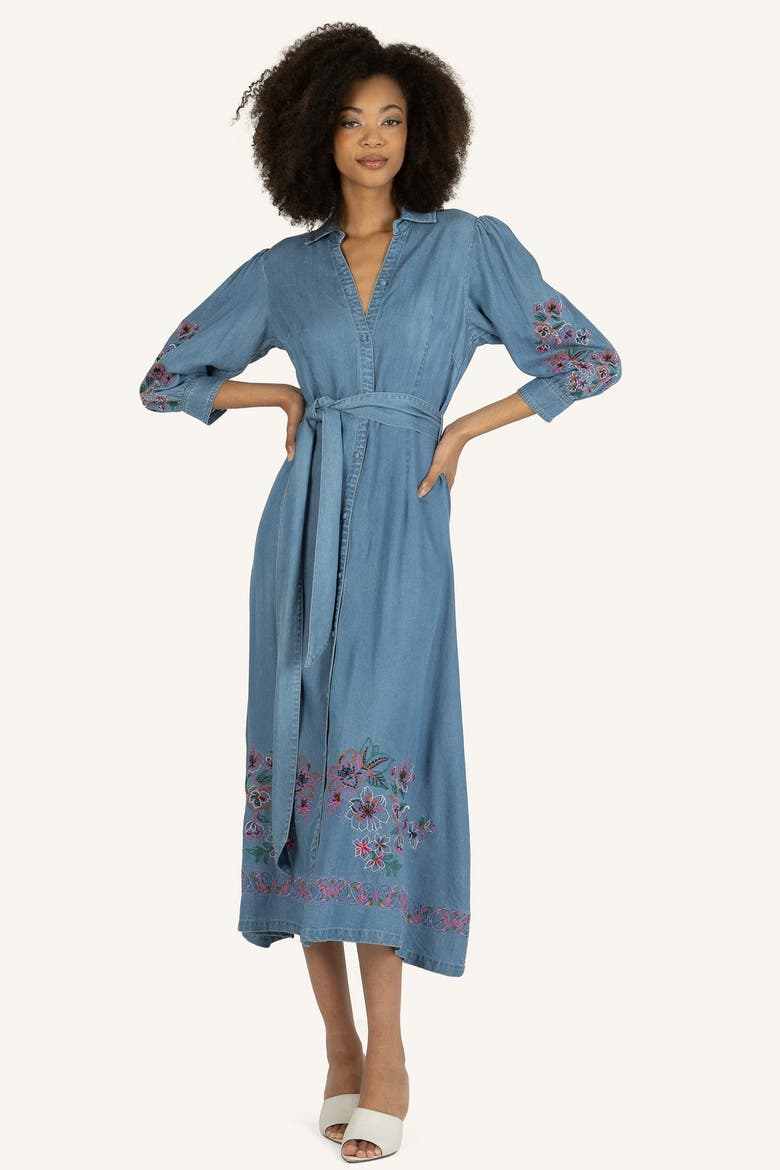 Lynn Dress with Flower Embroidery, Main, color, Light Blue Wash Denim