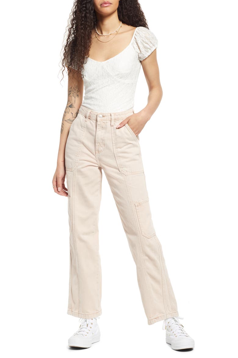 High Waist Straight Leg Cargo Jeans, Alternate, color, PINK HERO WASH