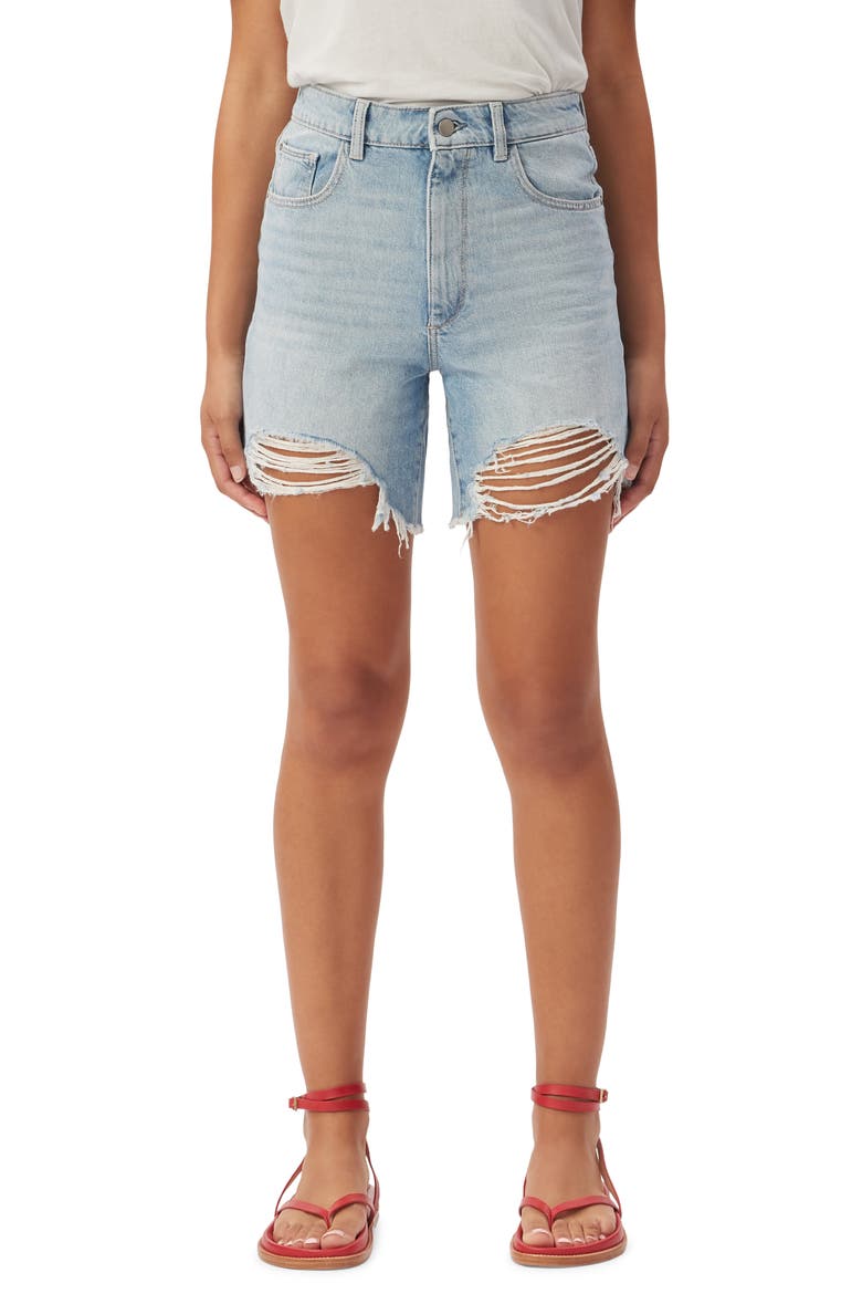 Emilie Ripped High Waist Fray Hem Denim Shorts, Main, color, FOUNTAIN