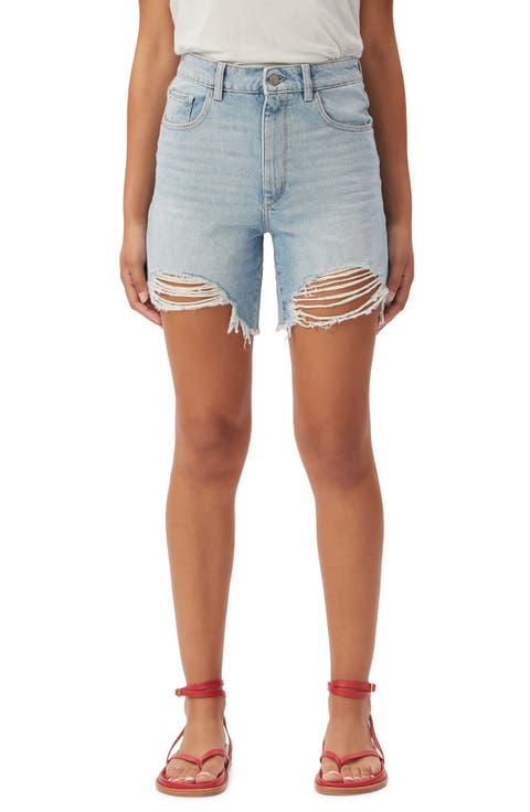 Emilie Ripped High Waist Fray Hem Denim Shorts (Fountain)