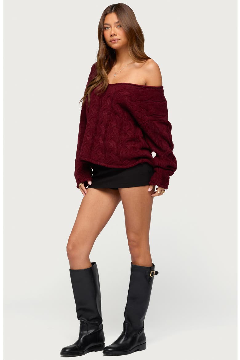 Inga Oversize V-Neck Cable Sweater, Alternate, color, BURGUNDY