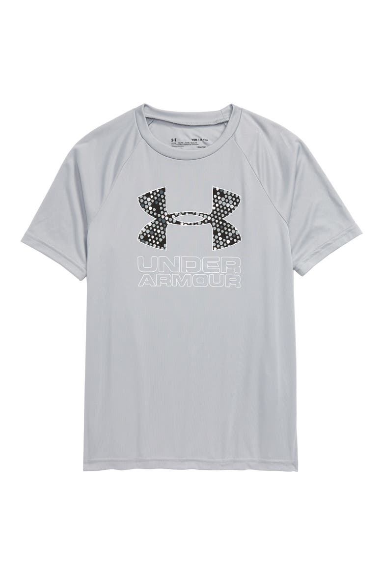 HeatGear® Tech Hybrid Logo T-Shirt, Main, color, MOD GRAY / WHITE
