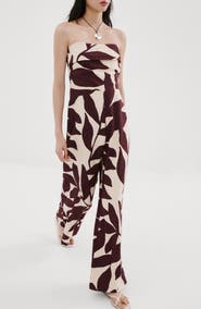 MANGO Print Strapless Wide Leg Jumpsuit