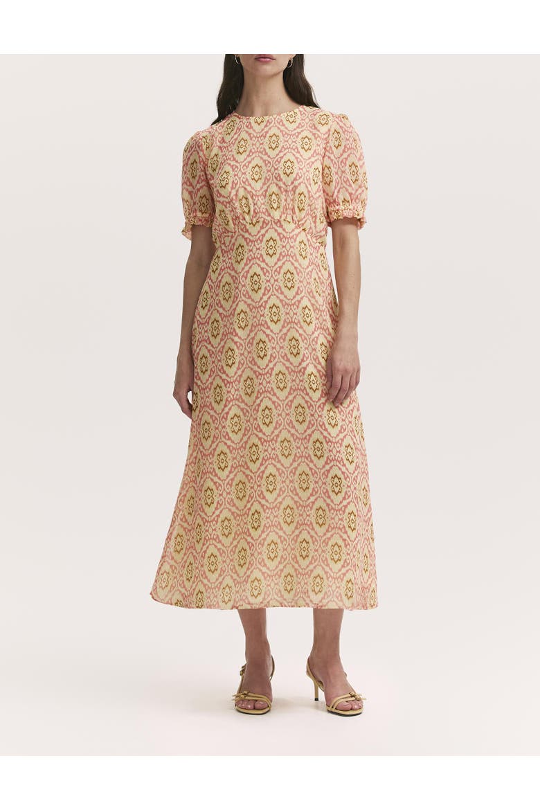 Mela Printed Midi Tea Dress, Alternate, color, Coral Ikat