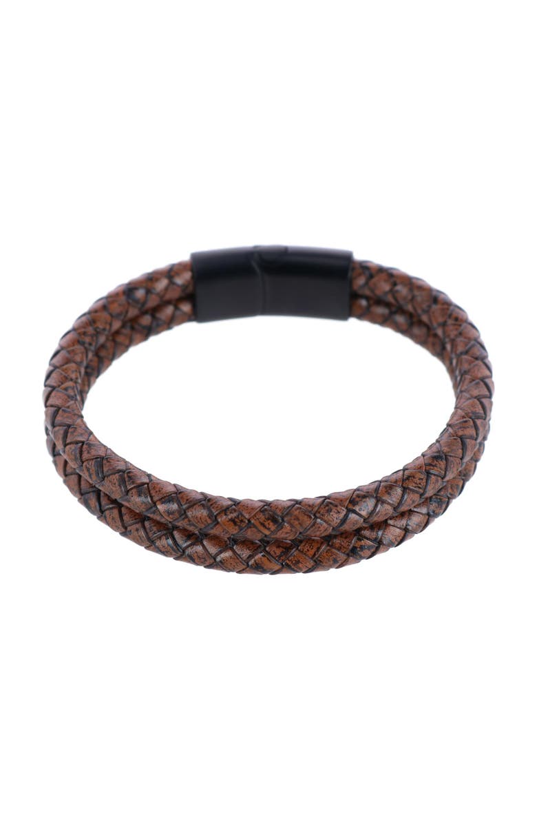 Trafalgar Loose Fit Simple 2 Band Braided Secure Clasp Leather Bracelet, Main, color, Brown