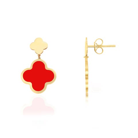 Coral and Gold Clover Drop Earrings