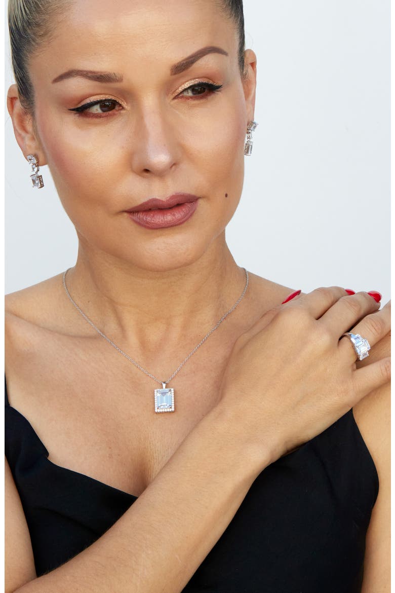 Emerald Cut Cubic Zirconia Halo Pendant Necklace, Alternate, color, WHITE
