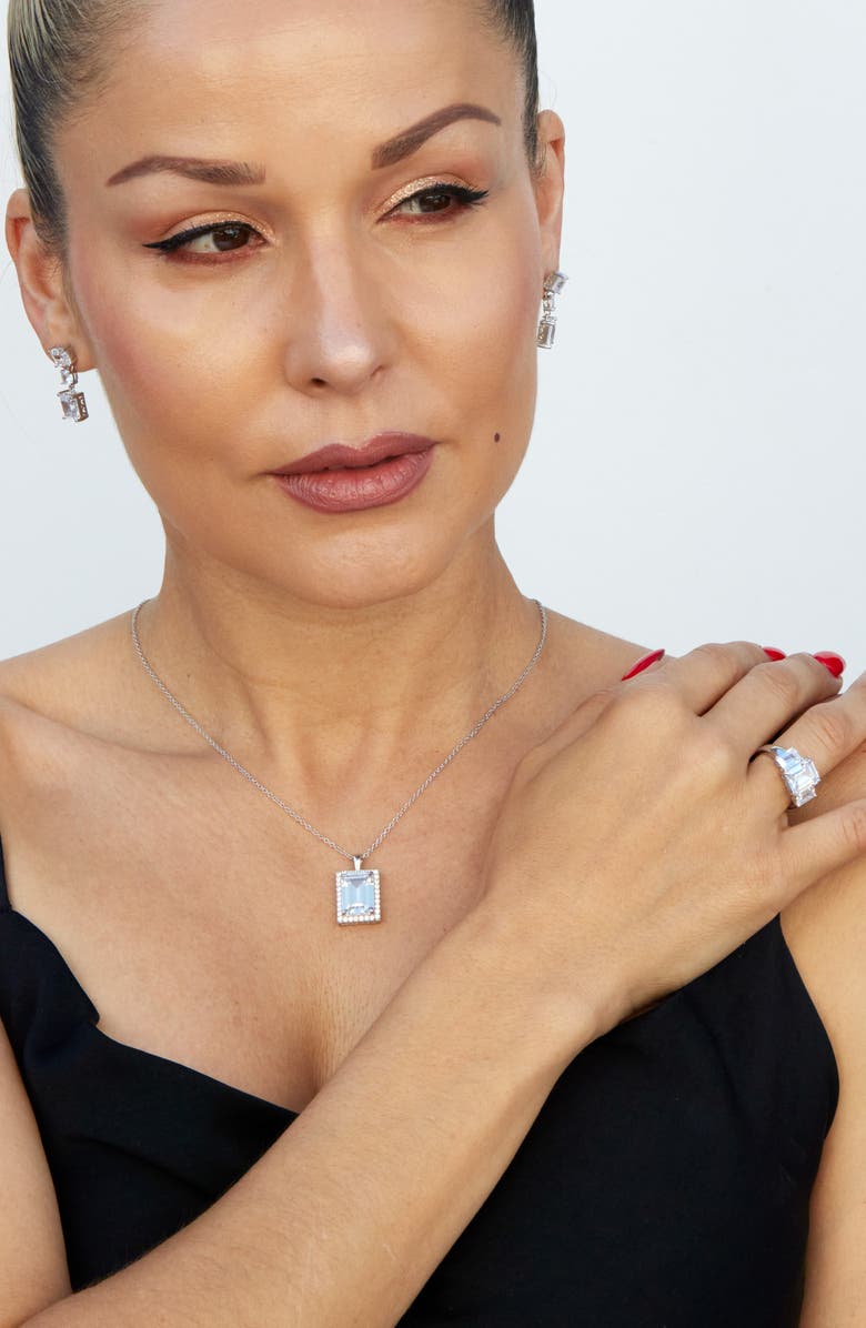 SAVVY CIE JEWELS Emerald Cut Cubic Zirconia Halo Pendant Necklace, Alternate, color, White