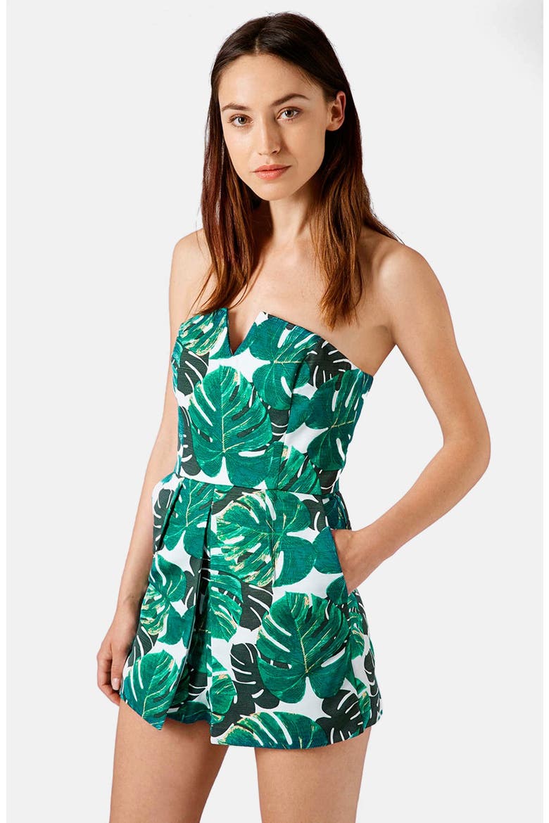 Palm Print Notched Neck Romper, Main, color, GREEN