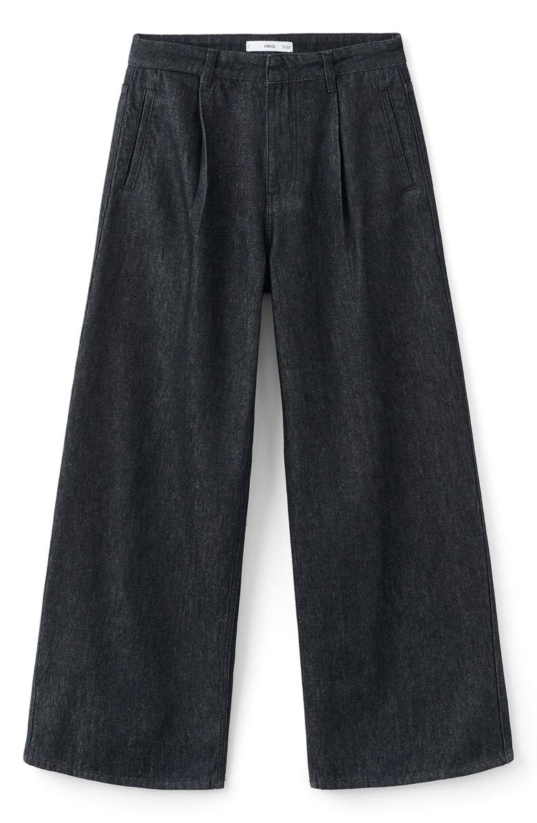 MANGO Wide Leg Pleated Denim Trousers, Alternate, color, Black