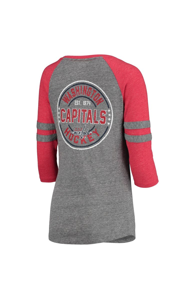 5TH AND OCEAN BY NEW ERA Women's 5th & Ocean by New Era Heathered Gray Washington Capitals Lace Stripes Raglan Half-Sleeve Tri-Blend T-Shirt, Alternate, color, 