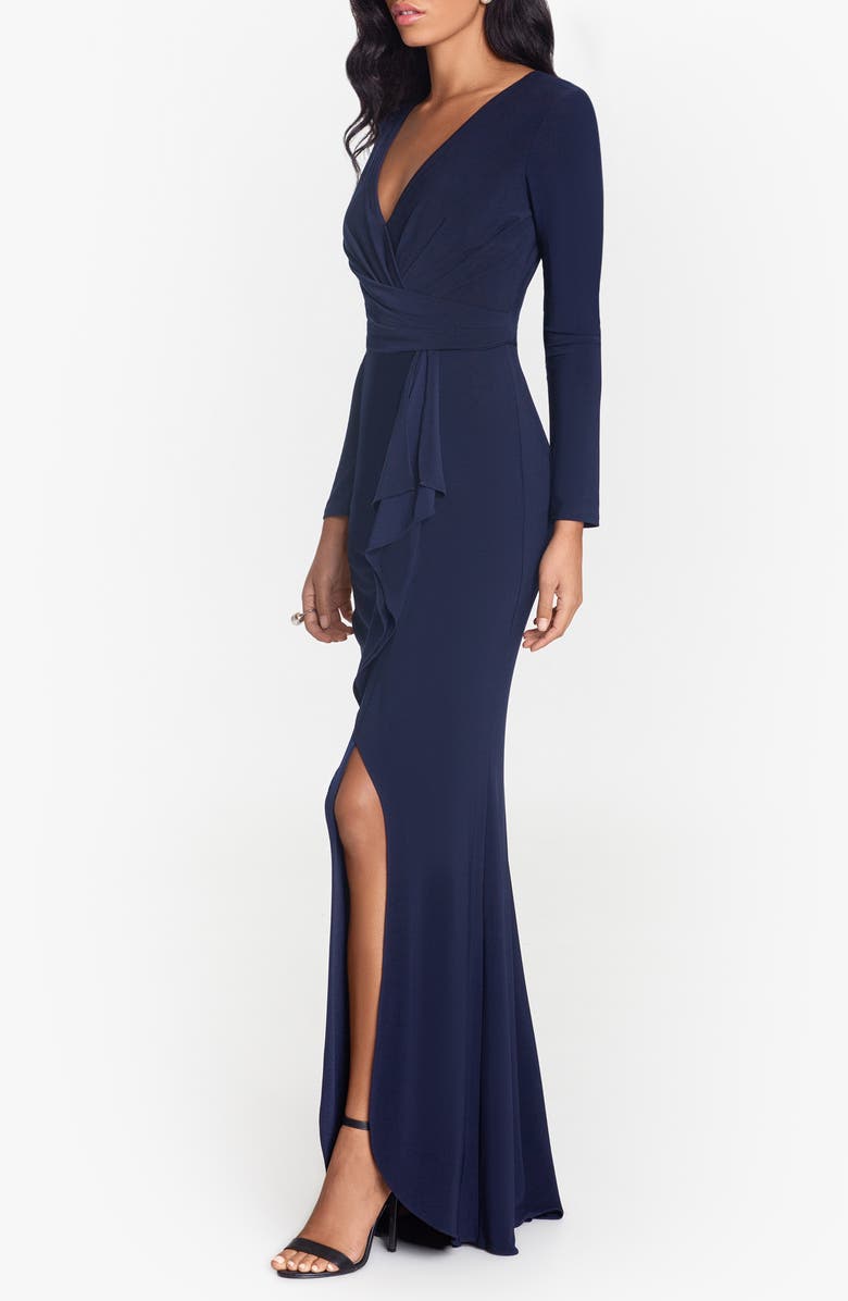 Cascade Ruffle Long Sleeve Stretch Jersey Gown