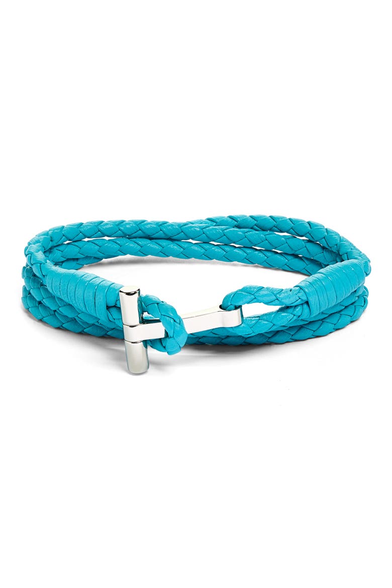 Men's Scoubidou Braided Leather Bracelet, Main, color, AQUA BLUE