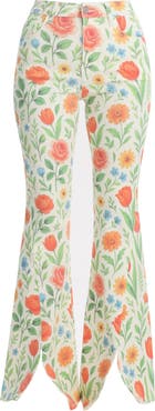 Bayeas Floral High Waist Slit Hem Flare Jeans