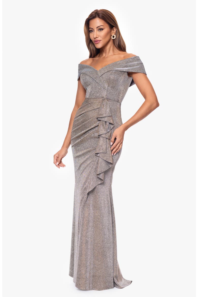 Cascade Ruffle Detail Off the Shoulder Metallic Knit Gown, Alternate, color, SAND