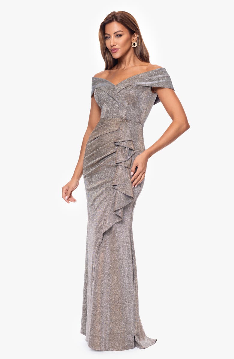Xscape Evenings Cascade Ruffle Detail Off the Shoulder Metallic Knit Gown, Alternate, color, Sand