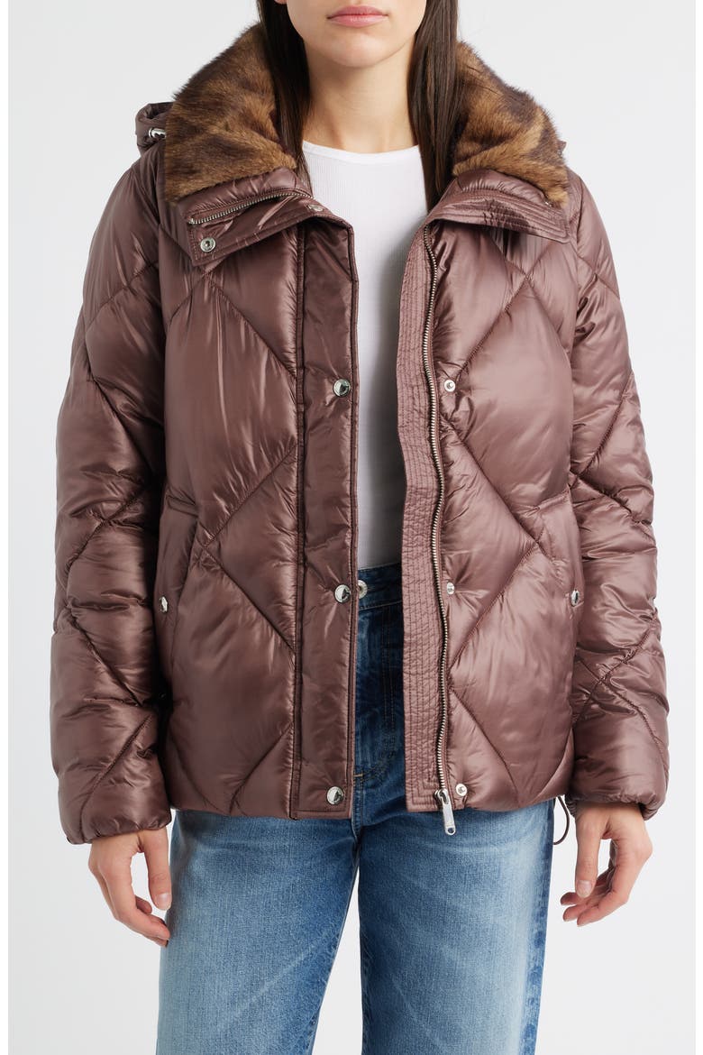 Diamond Quilted Puffer Jacket with Faux Fur Hood, Main, color, MOCHA