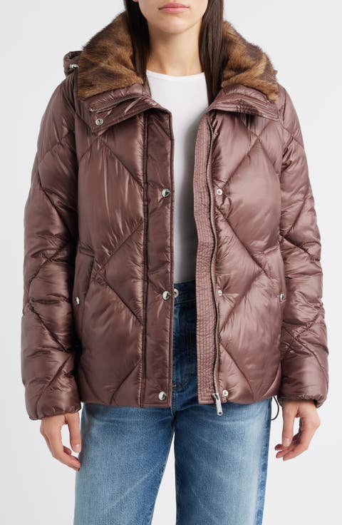 Diamond Quilted Puffer Jacket with Faux Fur Hood