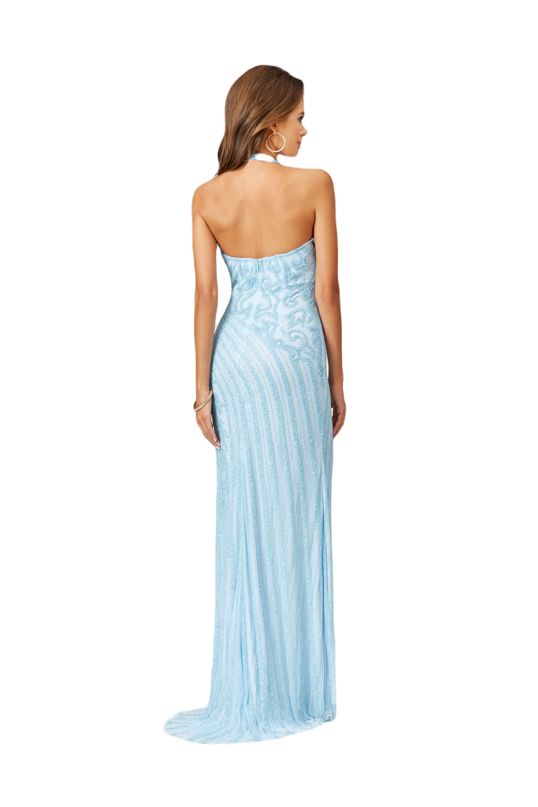 Giselle Beaded Halter Gown with Slit, Alternate, color, Periwinkle