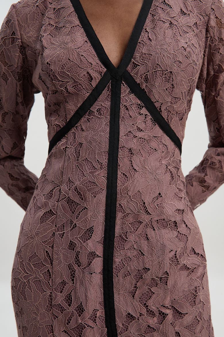 Petite V-Neck Lace Tape Maxi Dress, Alternate, color, Taupe