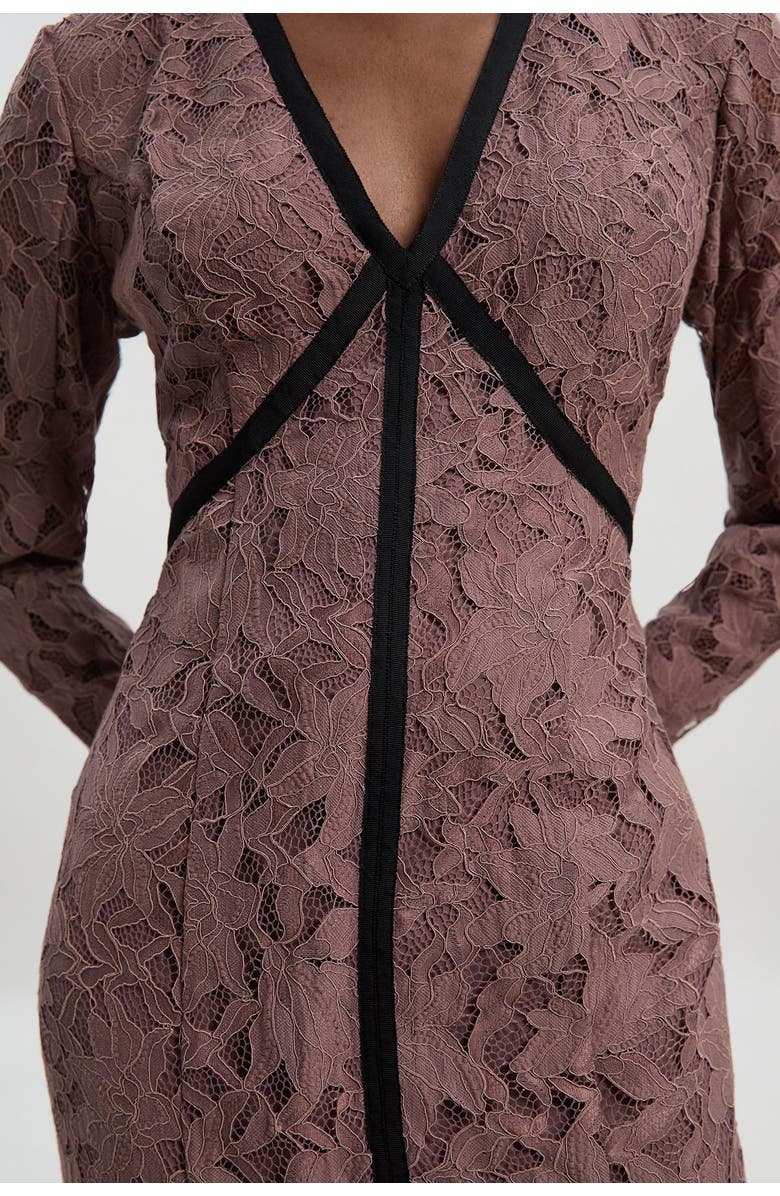 Karen Millen Petite V-Neck Lace Tape Maxi Dress, Alternate, color, Taupe