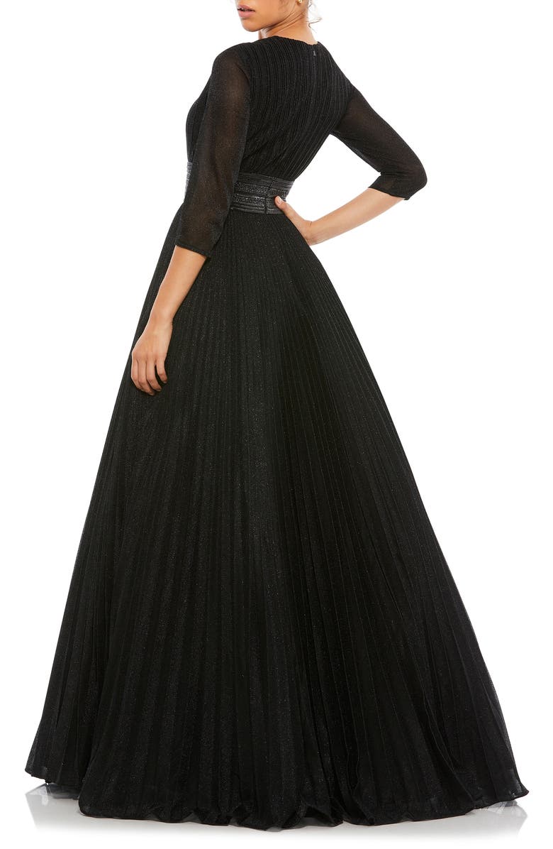 Mac Duggal Shimmering Pleated A-Line 3/4 Sleeve Gown, Alternate, color, Black