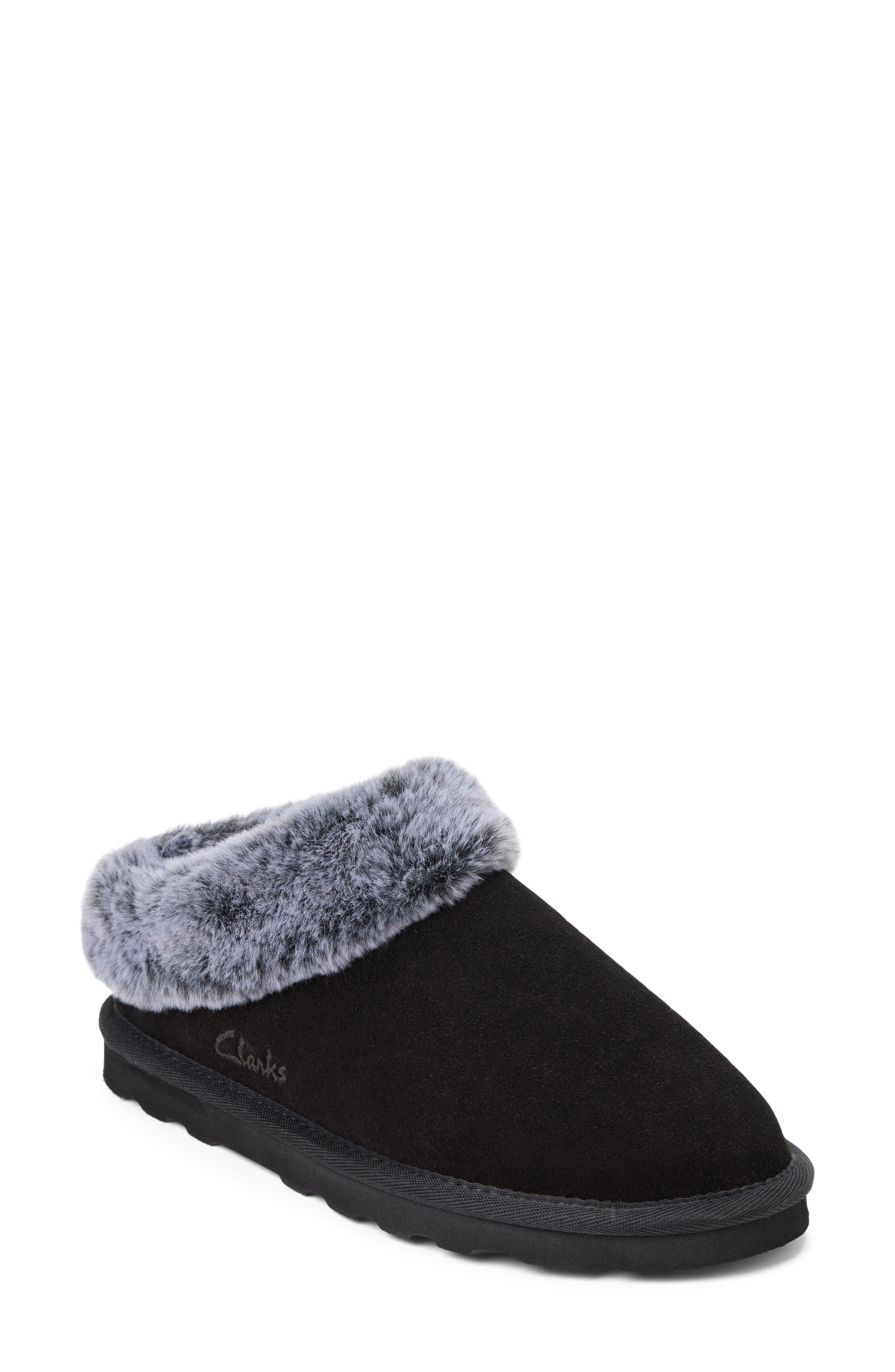 Suede Faux Fur Lined Clog, Main, color, BLACK