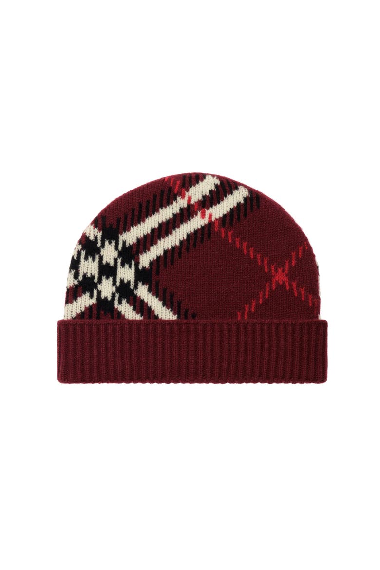 Check Cashmere Blend Beanie, Alternate, color, Oxblood red