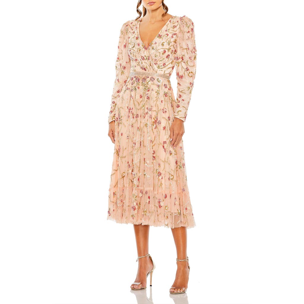 MAC DUGGAL MAC DUGGAL FLORAL EMBELLISHED WRAP OVER PUFF SLEEVE A LINE GOWN