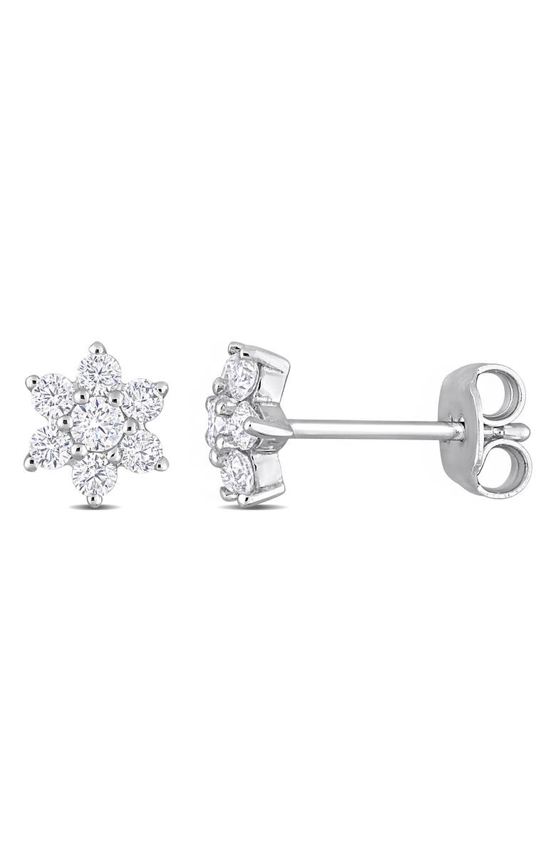 DELMAR Sterling Silver Created Moissanite Flower Stud Earrings, Main, color, Silver